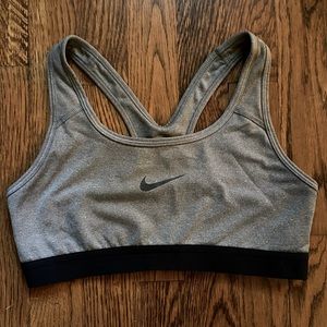 Woman’s Nike Dri-Fit Grey Sports Bra Size Small Gray Black Band Swoosh Sportsbra